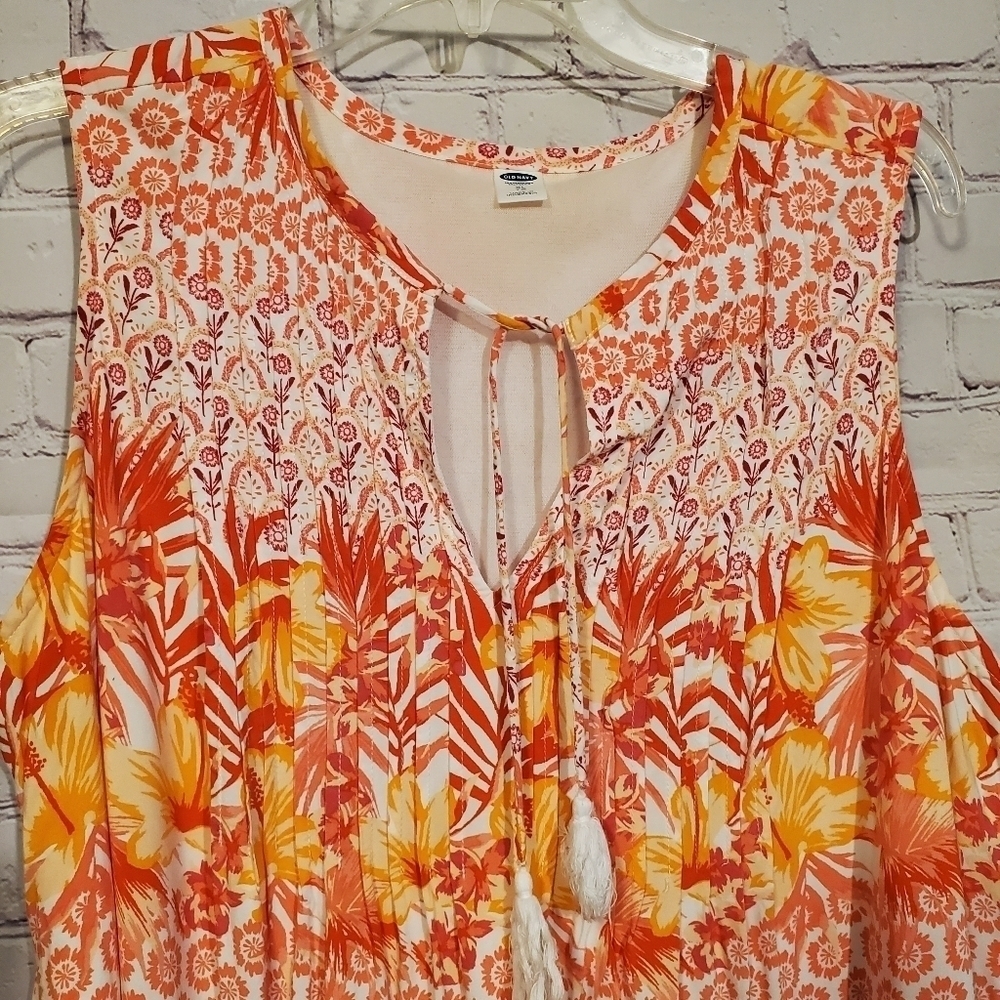 OLD NAVY HAWAIIAN LUAU ORANGE DRESS  FLORAL HIBISCUS TROPICAL - Picture 2 of 7